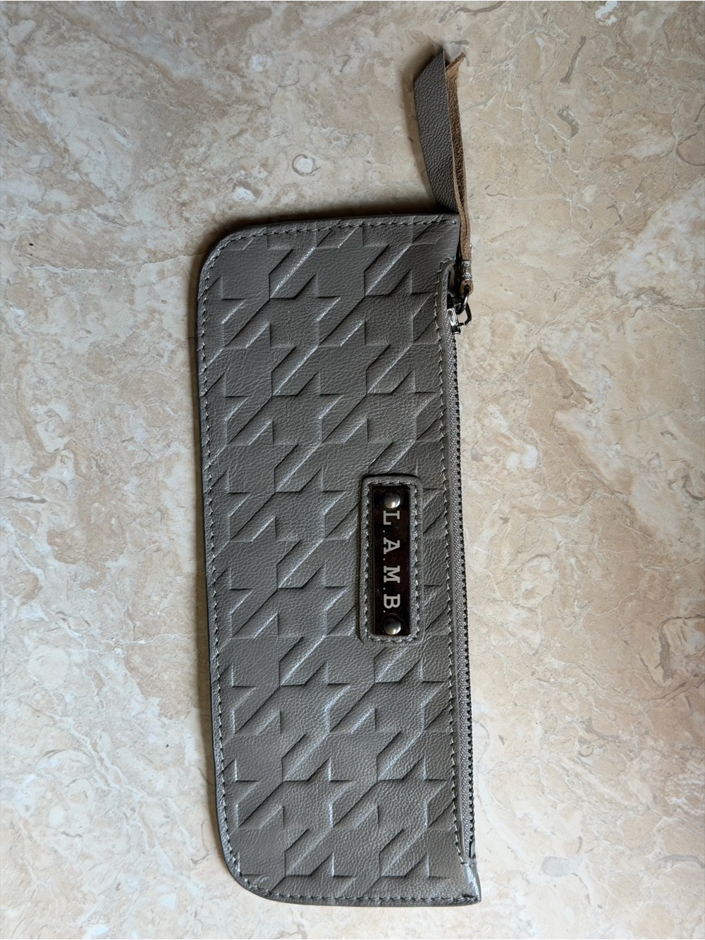 L.A.M.B. Gwen Stefani Grey Leather Houndstooth Cosmetic Pencil Case Zipper Pouch